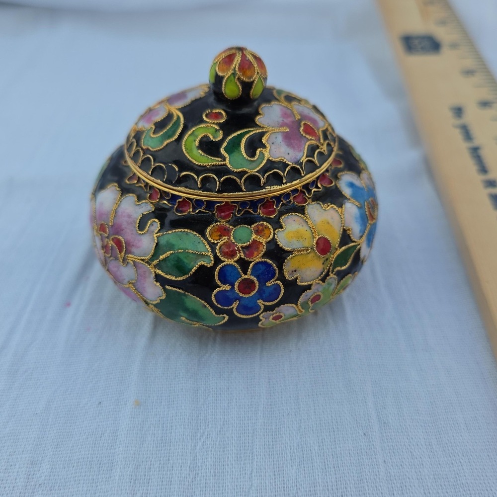 Cloisonne Floral Jar Candle Small Lidded Metal Enamel Multicolor Decor Accent - Picture 3 of 9